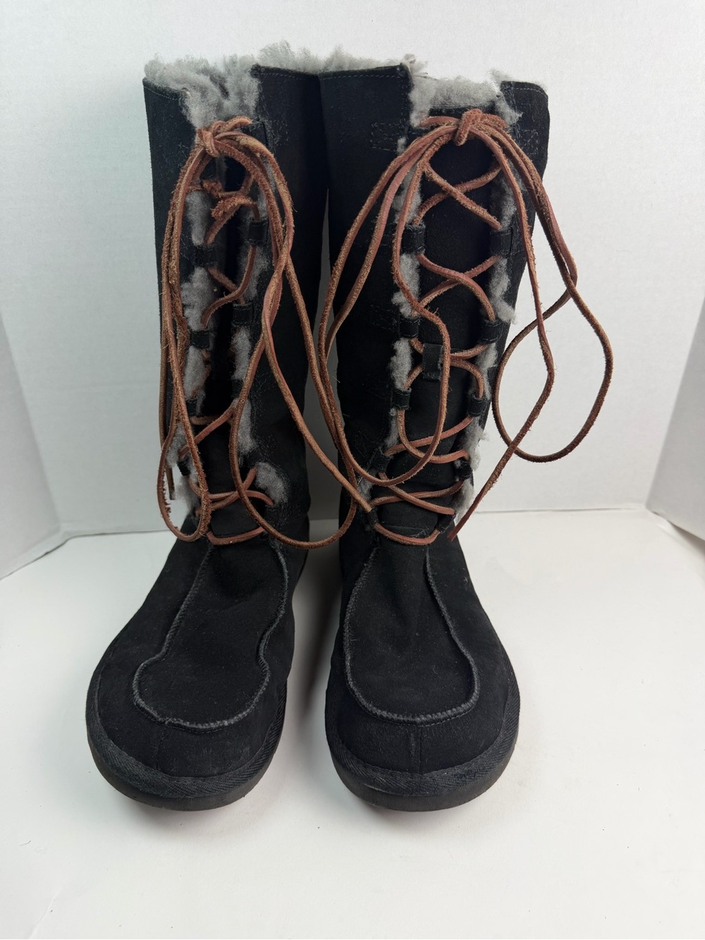 UGG Australia Sunburst Tall Lace Up Boots Black Sheepskin Women's Size 9 5230